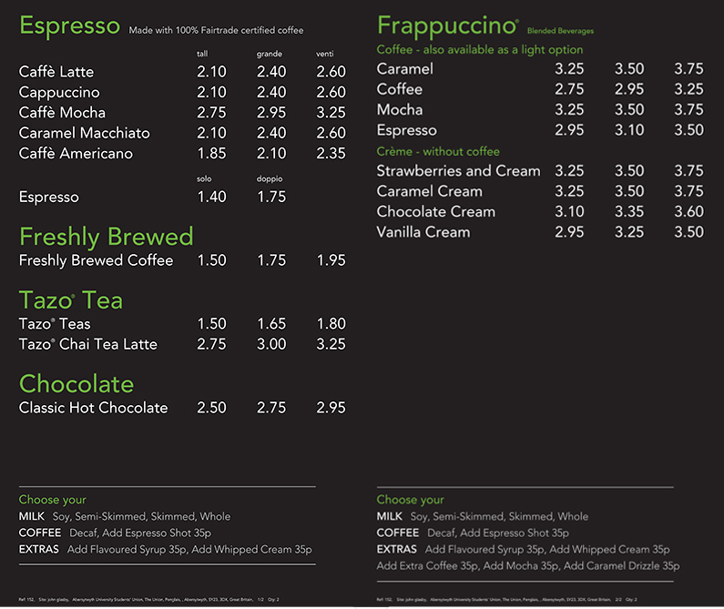 Prices For Menu And Prices For Starbucks